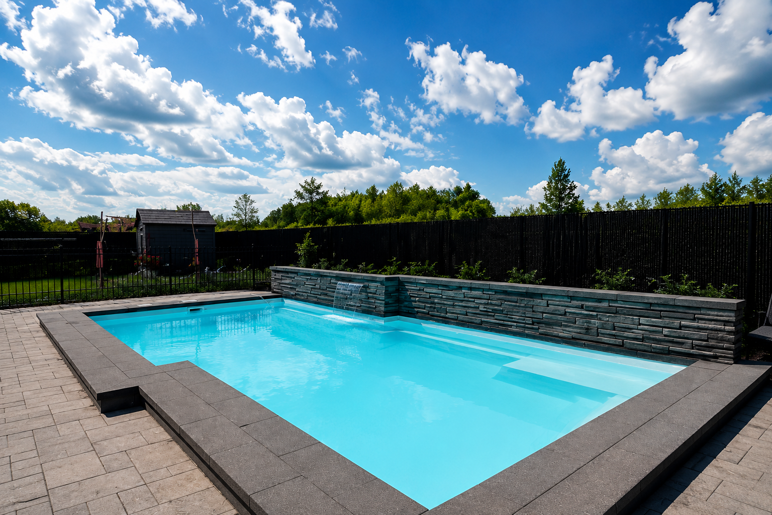 Modern residential fiberglass pool with waterfall feature